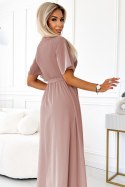 545-6 Długa sukienka z plisowanym dekoltem i wiązaniem - taupe
