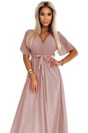 545-6 Długa sukienka z plisowanym dekoltem i wiązaniem - taupe