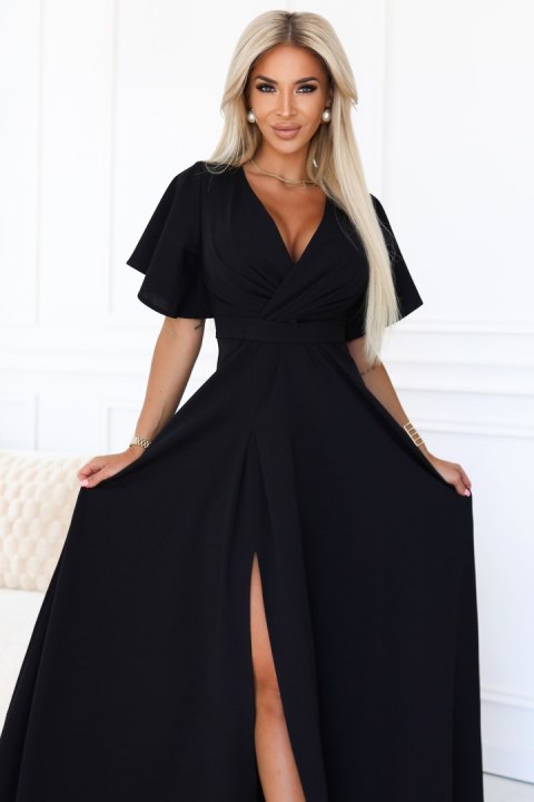 581-7 JENNIFER długa suknia z rozcięciem na nogę, rękawkiem i dekoltem - czarna