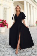 581-7 JENNIFER długa suknia z rozcięciem na nogę, rękawkiem i dekoltem - czarna