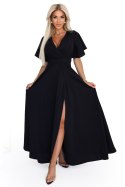581-7 JENNIFER długa suknia z rozcięciem na nogę, rękawkiem i dekoltem - czarna