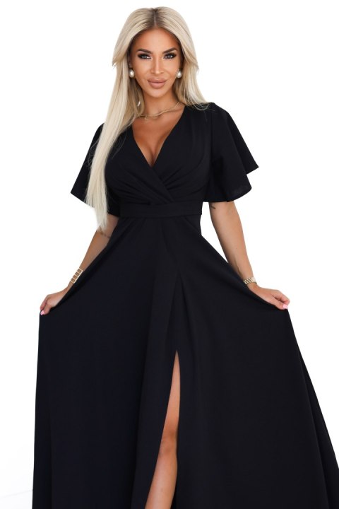 581-7 JENNIFER długa suknia z rozcięciem na nogę, rękawkiem i dekoltem - czarna