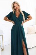 581-8 JENNIFER długa suknia z rozcięciem na nogę, rękawkiem i dekoltem - zieleń butelkowa