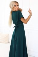 581-8 JENNIFER długa suknia z rozcięciem na nogę, rękawkiem i dekoltem - zieleń butelkowa