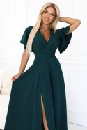 581-8 JENNIFER długa suknia z rozcięciem na nogę, rękawkiem i dekoltem - zieleń butelkowa