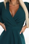 581-8 JENNIFER długa suknia z rozcięciem na nogę, rękawkiem i dekoltem - zieleń butelkowa