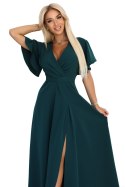 581-8 JENNIFER długa suknia z rozcięciem na nogę, rękawkiem i dekoltem - zieleń butelkowa