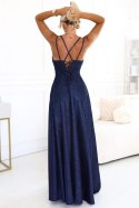 589-2 Długa sukienka z subtelnym połyskiem i gorsetowym wiązaniem na plecach - granatowa z brokatem