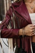 624-2 Krótka kurtka z frędzlami z miękkiej eco skóry - bordowa