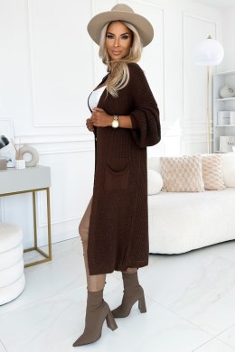 627-2 Kardigan - sweterkowa długa narzutka z kieszeniami - kolor czekoladowy