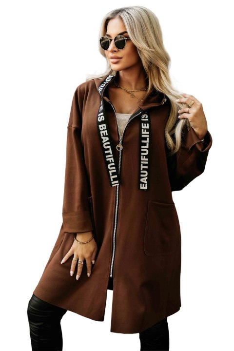 632-2 Casualowy płaszczyk z zamkiem i modnymi detalami - czekoladowy