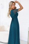 635-1 MELANIA długa błyszcząca suknia z dekoltem i krótkim rękawkiem - zieleń butelkowa