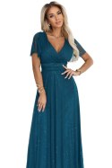 635-1 MELANIA długa błyszcząca suknia z dekoltem i krótkim rękawkiem - zieleń butelkowa