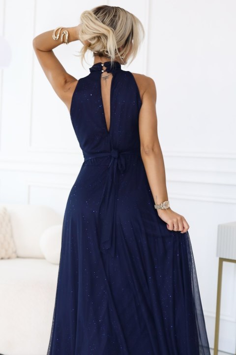 636-2 VERONICA luksusowa długa suknia z brokatowym akcentem i szykownym krojem - granatowa