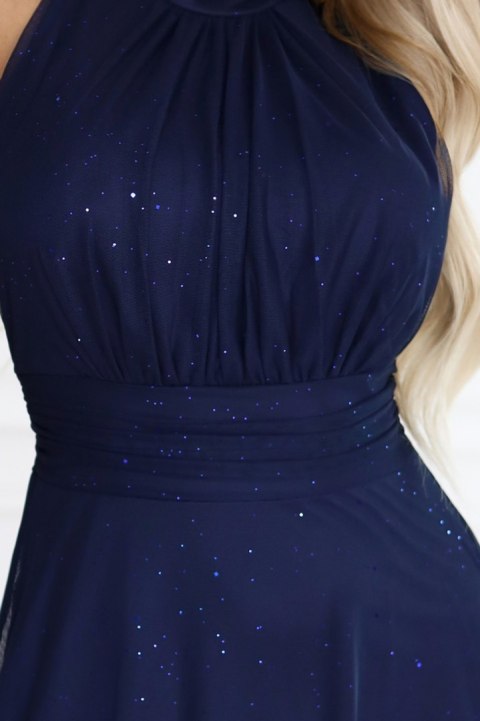 636-2 VERONICA luksusowa długa suknia z brokatowym akcentem i szykownym krojem - granatowa