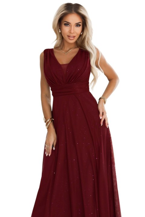 637-1 Wieczorowa długa sukienka z brokatowym akcentem i głębokim dekoltem - bordowa