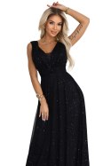 637-2 Wieczorowa długa sukienka z brokatowym akcentem i głębokim dekoltem - czarna