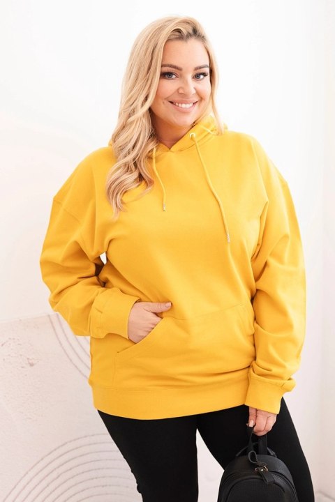 Bluza damska pętelkowa Plus Size bawełniana z kapturem i kieszenią kangurką musztardowa