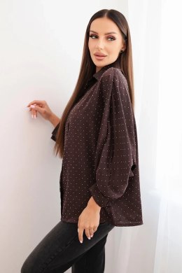 Bluzka damska elegancka z wiskozy z guziczkami i kołnierzykiem brązowa