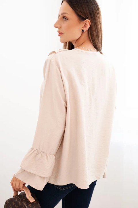 Bluzka damska z wiskozy z falbanami i długim rękawem beżowa