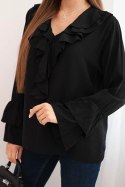 Bluzka damska z wiskozy z falbanami i długim rękawem czarna