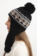 Czapka damska zimowa wełniana z nausznikami i pomponami K436 czarna + mocca