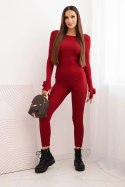 Komplet damska z prążkowanej wiskozy z długim rękawem i legginsami bordowy
