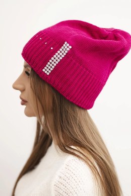 Czapka damska zimowa wełniana z cyrkoniami K453 fuksja