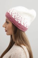 Czapka damska zimowa wełniana z wzorem geometrycznym K477 biały + ciemny różowy