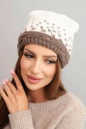 Czapka damska zimowa wełniana z wzorem geometrycznym K477 ecru + mocca