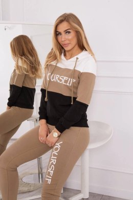 Komplet z nadrukiem Yourself ecru+camelowy