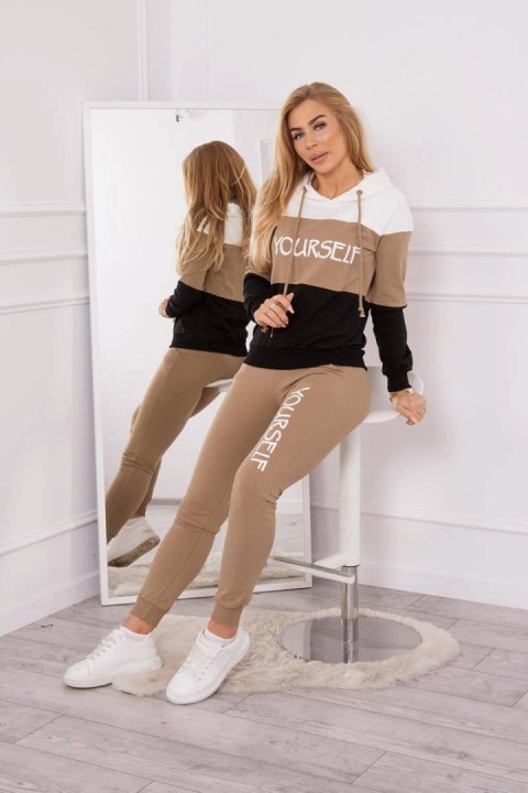 Komplet z nadrukiem Yourself ecru+camelowy