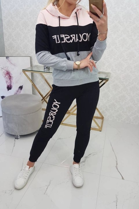 Komplet z nadrukiem Yourself pudrowy róż+czarny