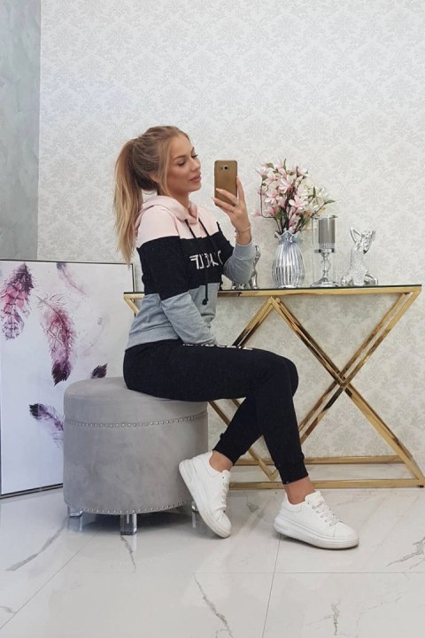 Komplet z nadrukiem Yourself pudrowy róż+czarny