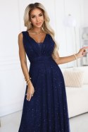 637-3 Wieczorowa długa sukienka z brokatowym akcentem i głębokim dekoltem - granatowa
