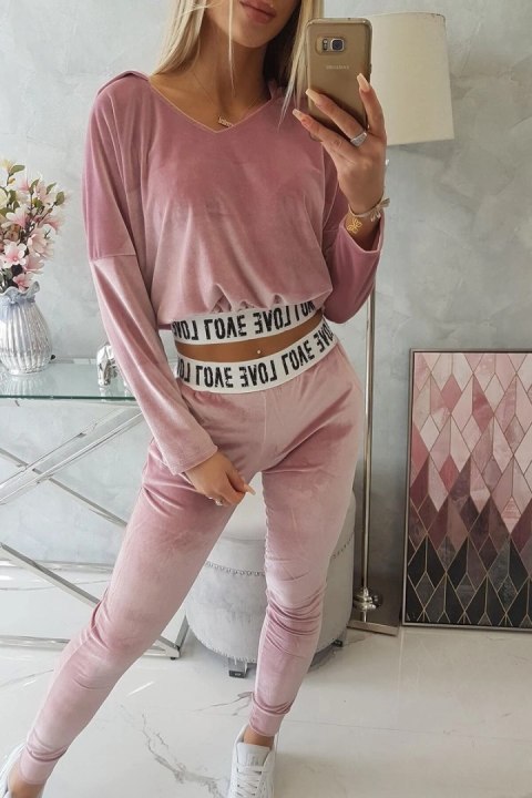 Komplet welurowy z kapturem pudrowy róż