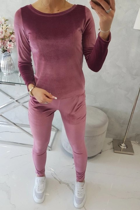 Komplet welurowy z marszczeniem z tyłu ciemny różowy