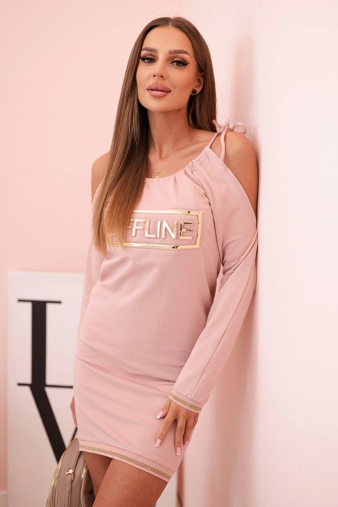 Sukienka damska bawełniana z odkrytymi ramionami i napisem OFFLINE ciemny pudrowy róż