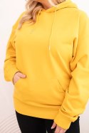 Bluza damska pętelkowa Plus Size bawełniana z kapturem i kieszenią kangurką musztardowa
