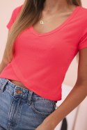 Bluzka damska prążkowana z dekoltem V i krótkim rękawem różowy neon