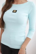 Bluzka damska prążkowana z rękawem 3/4 i ozdobną naszywką miętowa