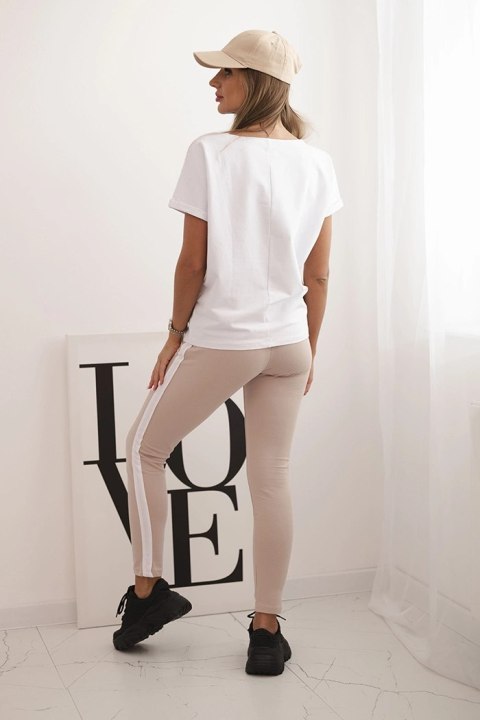 Komplet damski bawełniany z bluzką i legginsami z lampasem biały