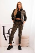 Komplet dresowy damski moro z bawełny z zamkiem i ściągaczami khaki+czarny