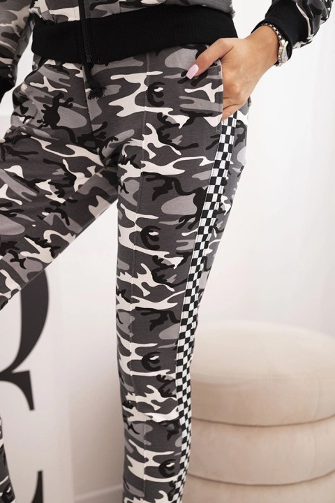 Komplet dresowy damski moro z bawełny z zamkiem i ściągaczami szary