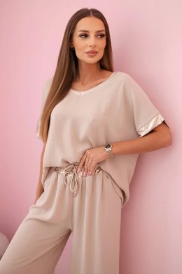 Komplet z wiskozy ze złotym obszyciem ciemny beżowy