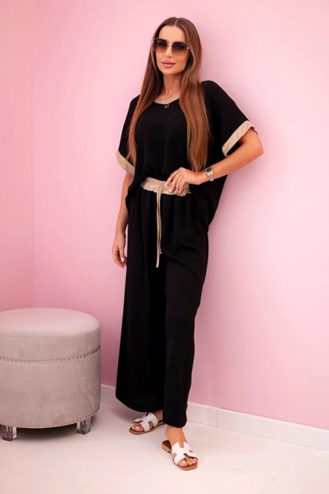 Komplet z wiskozy ze złotym obszyciem czarny