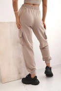 Spodnie damskie bawełniane cargo z kieszeniami i łańcuszkiem beżowe