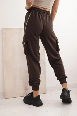 Spodnie damskie bawełniane cargo z kieszeniami i łańcuszkiem brązowe