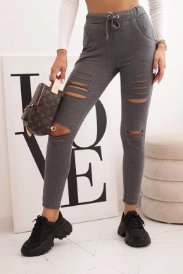 Spodnie damskie bawełniane z przetarciami i gumką w pasie grafitowe