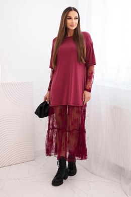 Sukienka damska z tiulowym dołem i rękawami bordowa